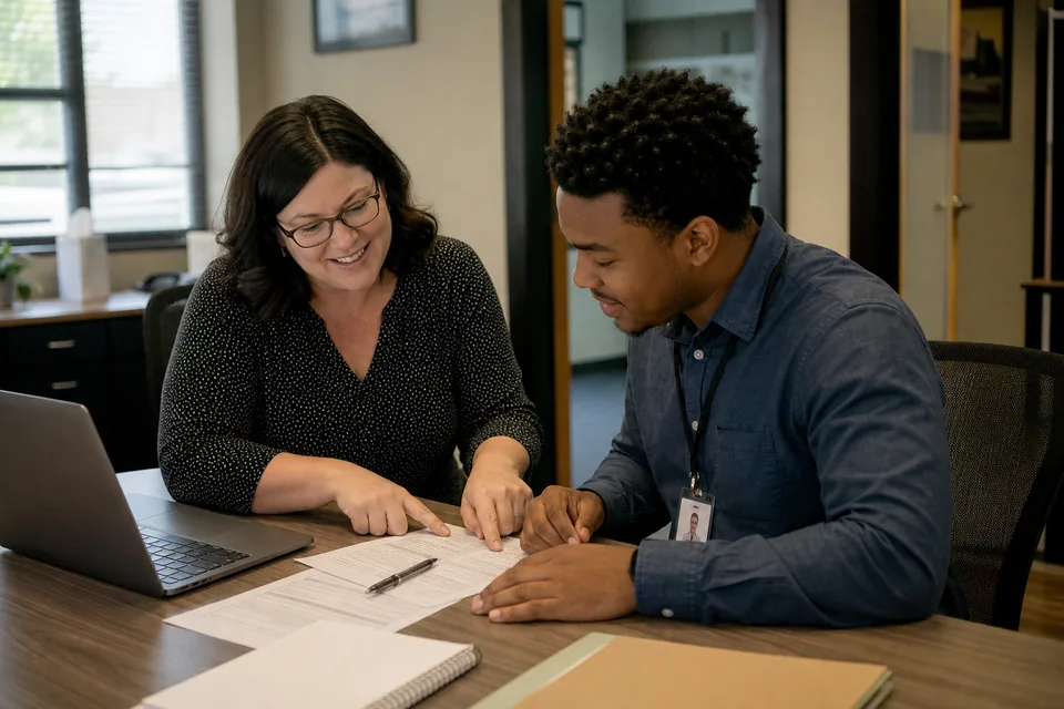 HR manager helping a new employee with onboarding