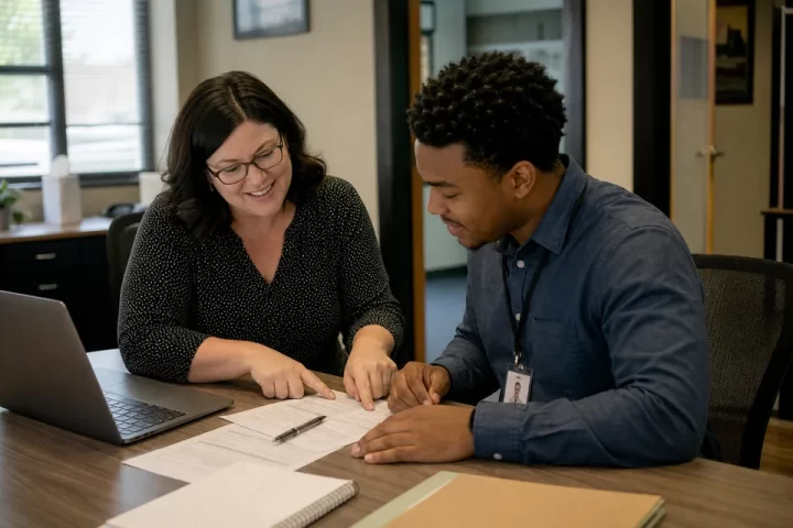HR manager guiding a new employee through onboarding