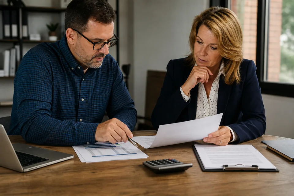 Business owner and HR adviser comparing an outsourcing proposal