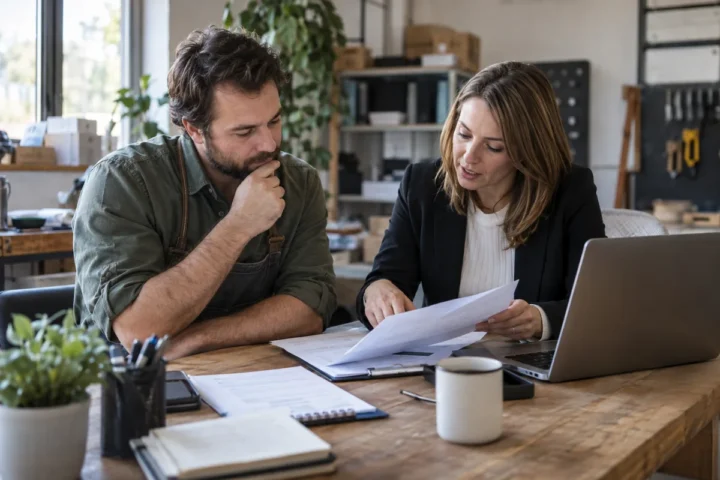 Small business owner and adviser reviewing an HR service agreement at a working office desk