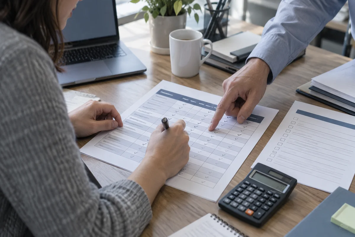 HR coordinator reviewing a provider comparison matrix and service checklist