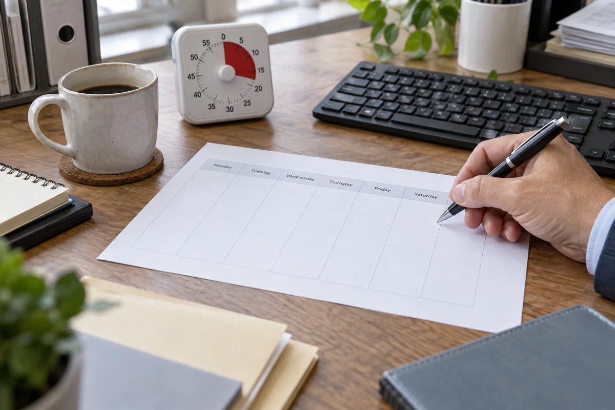 A manager's planning desk with blank paperwork and a timer