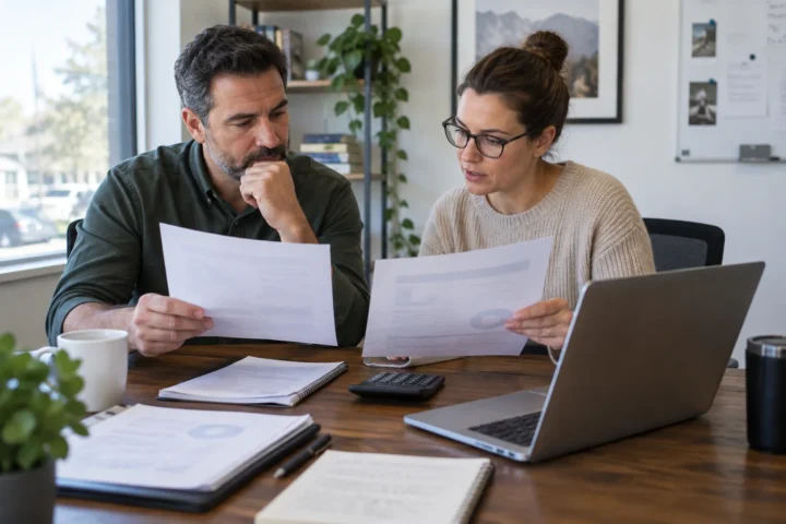 Business owner and HR manager comparing outsourcing proposals