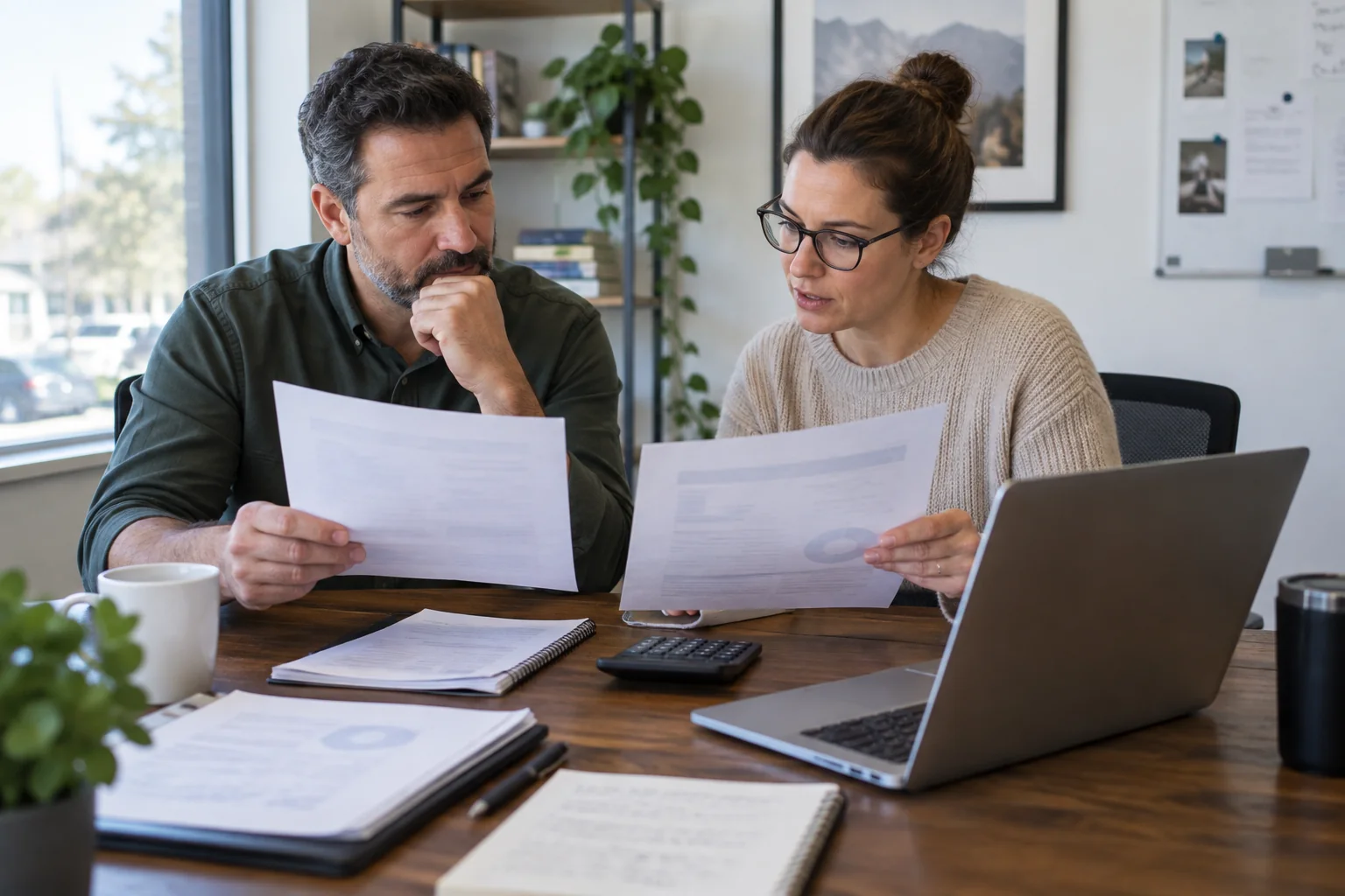 Business owner and HR manager comparing outsourcing proposals