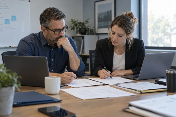 Business managers comparing HR outsourcing provider proposals with a scorecard