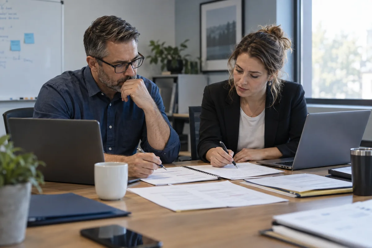 Business managers comparing HR outsourcing provider proposals with a scorecard