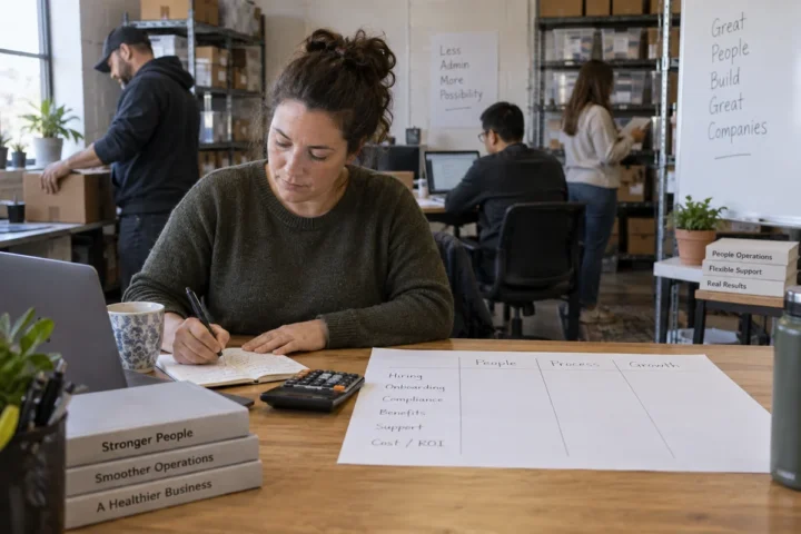 An operations manager reviewing HR task costs at a work desk