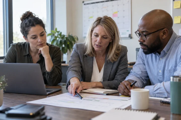 HR implementation team reviewing workflows and employee data in an office