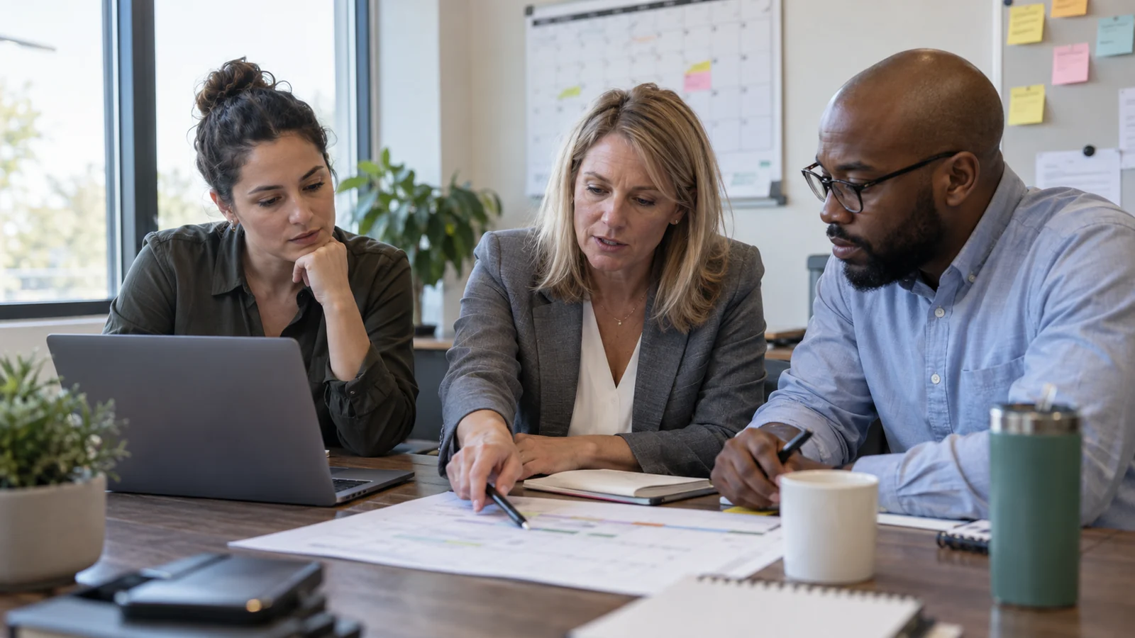 HR implementation team reviewing workflows and employee data in an office