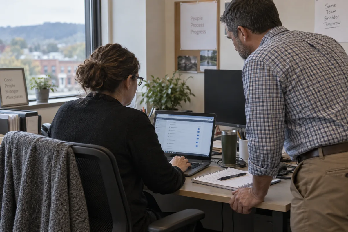 Payroll administrator and colleague reviewing access settings at an ordinary office desk