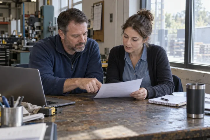 Operations manager and HR coordinator reviewing a responsibility sheet beside a workshop