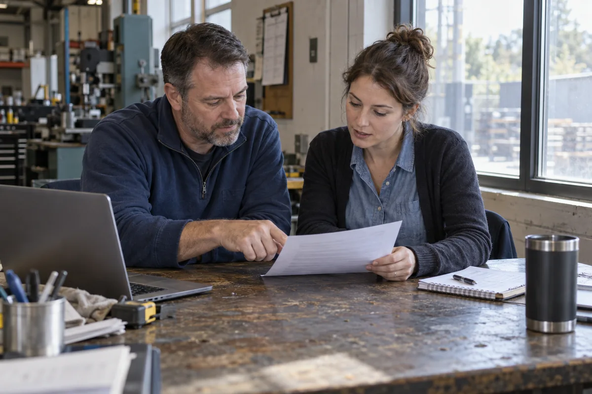 Operations manager and HR coordinator reviewing a responsibility sheet beside a workshop