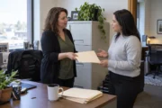 Business office manager handing a closed folder to an HR implementation coordinator