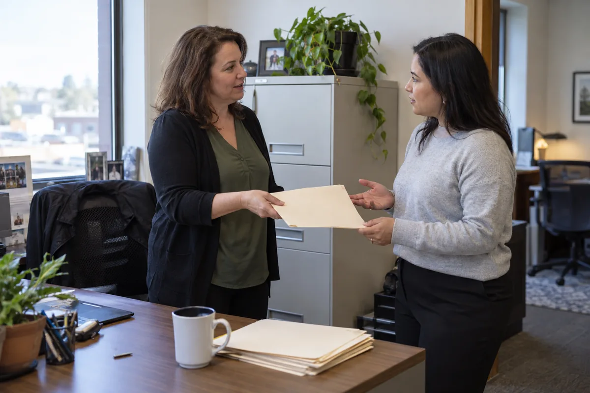 Business office manager handing a closed folder to an HR implementation coordinator