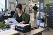 HR manager reviewing a growing company service map in an ordinary workplace