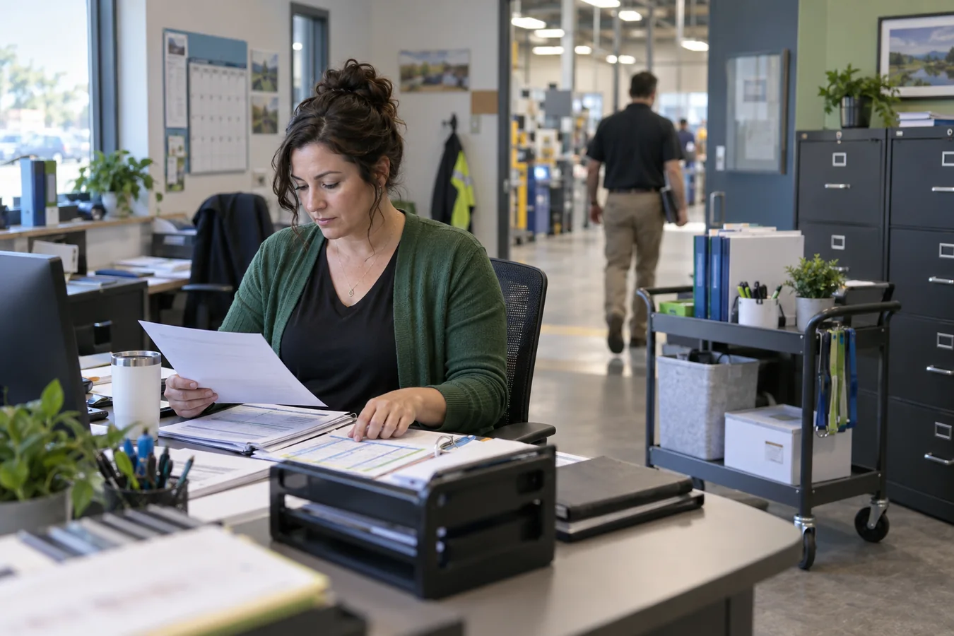 HR manager reviewing a growing company service map in an ordinary workplace